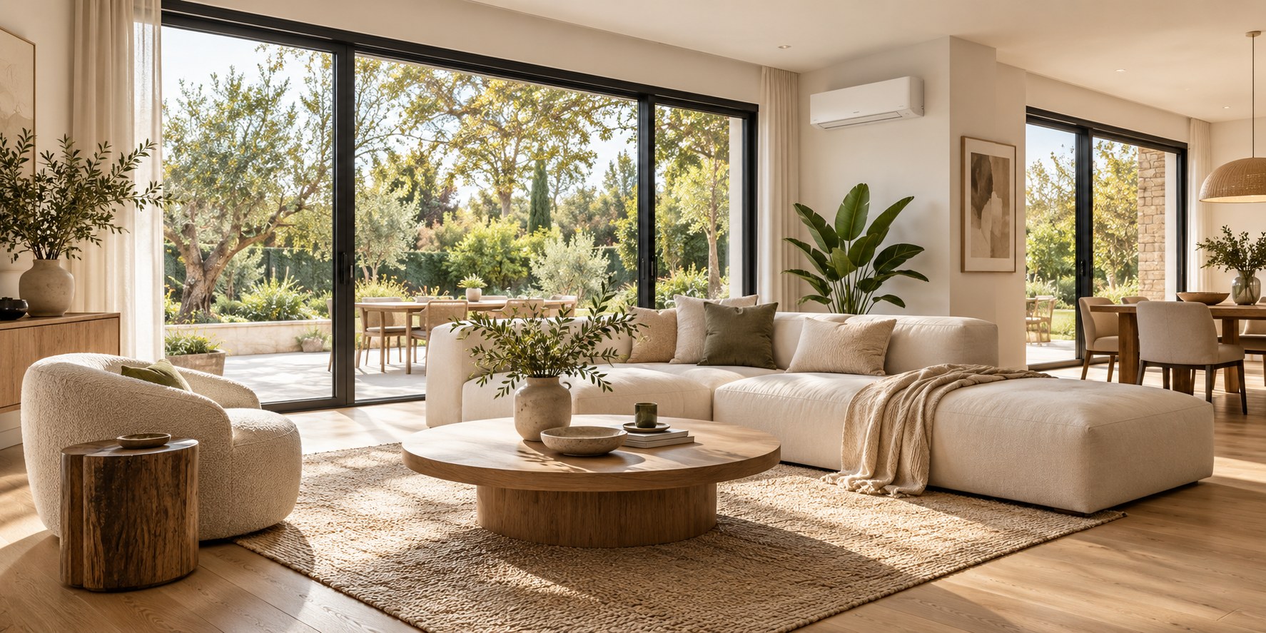 Inspiration : salon contemporain aux finitions soignées, parquet et climatisation